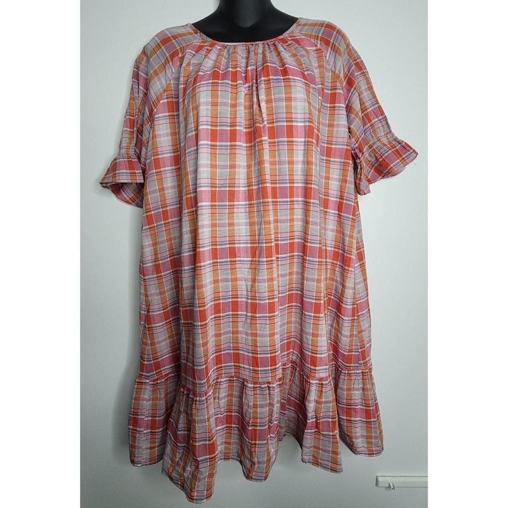 Madewell Womens Plaid JUNE HERO Dress‎ Medium Short Sleeve Popover Orange Red
